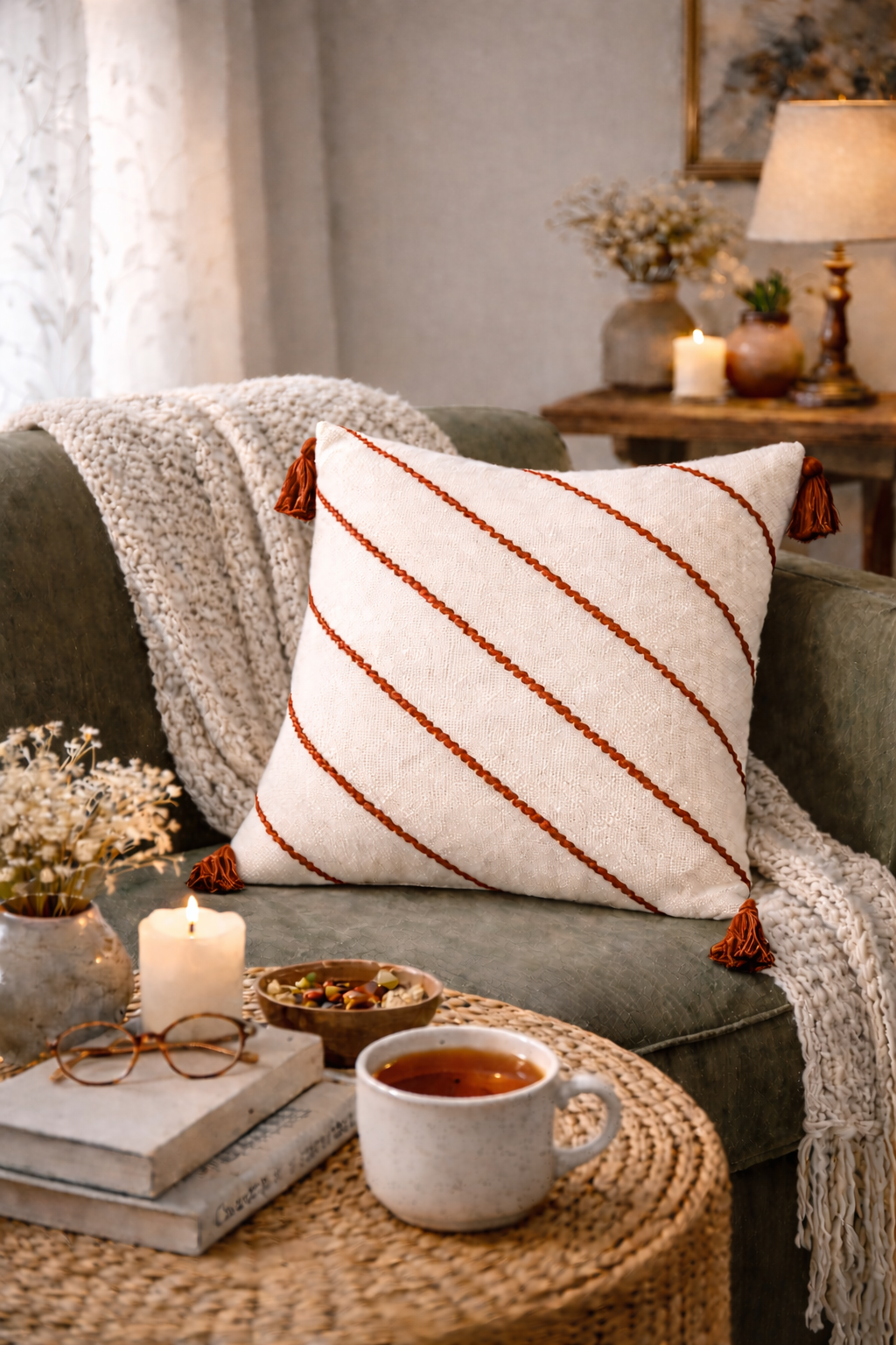 Diagonals Cushion (Off-white with Rust Embroidery)