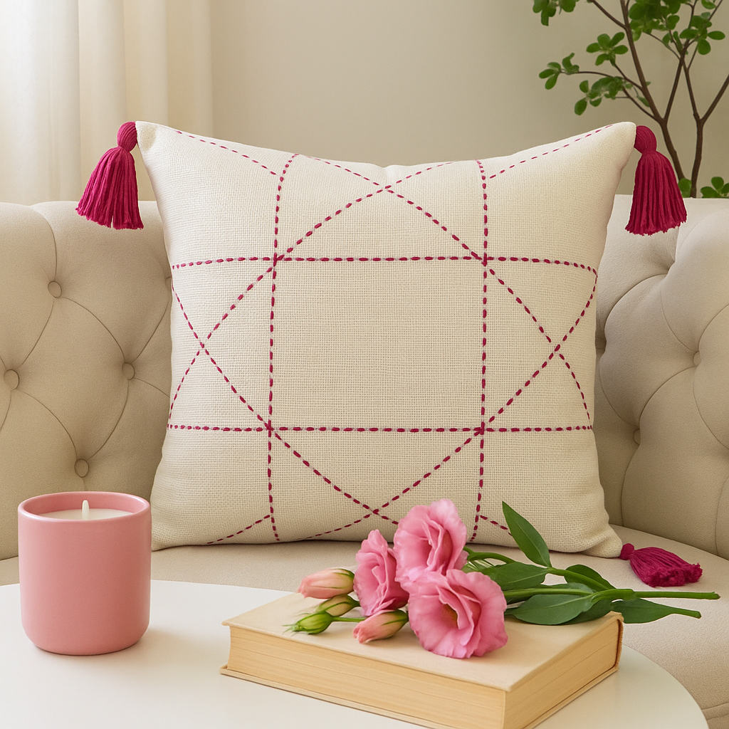 Lattice Cushion (Off-white with Dark Pink Embroidery)