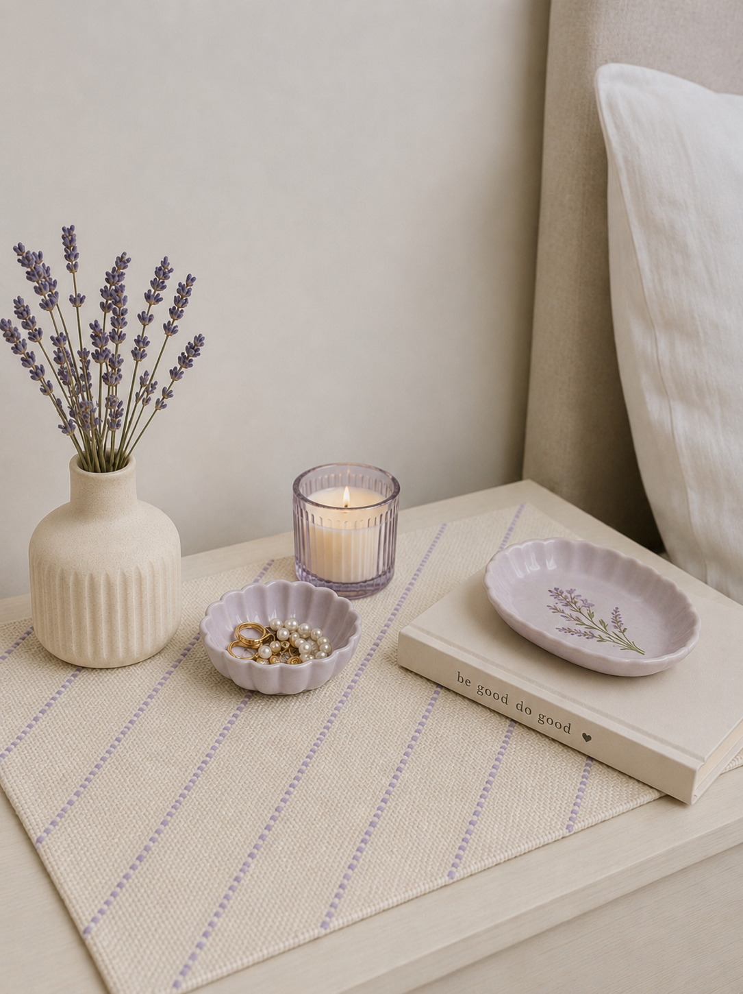 Embroidered Table Mat (Off-white with Light Purple Diagonals)