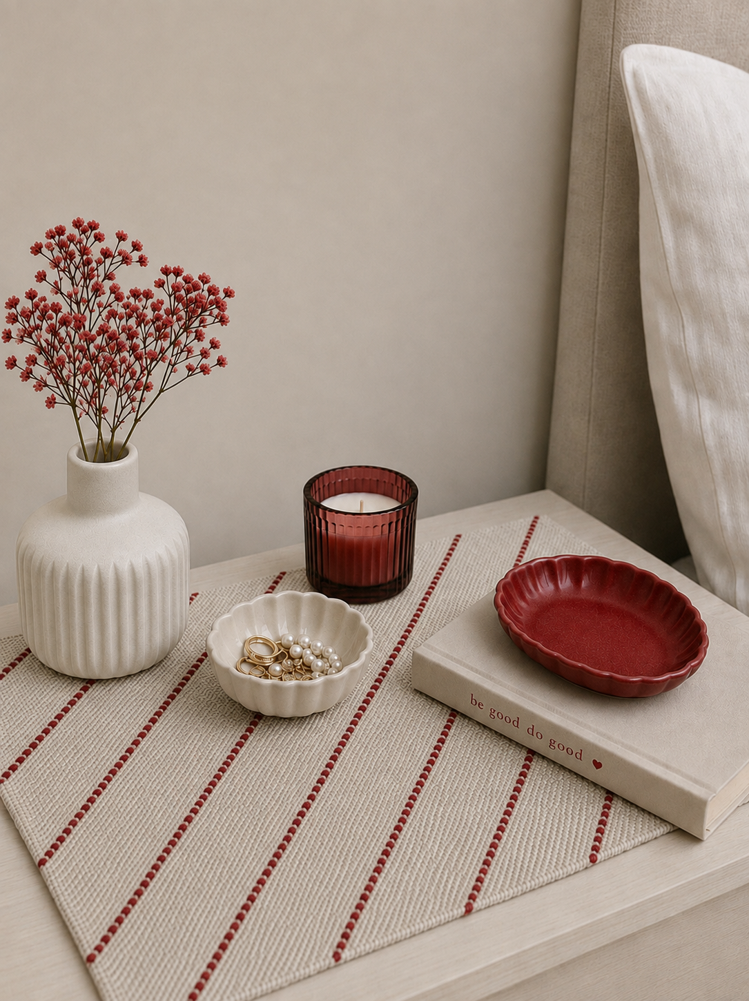 Embroidered Table Mat (Off-white with Red Diagonals)
