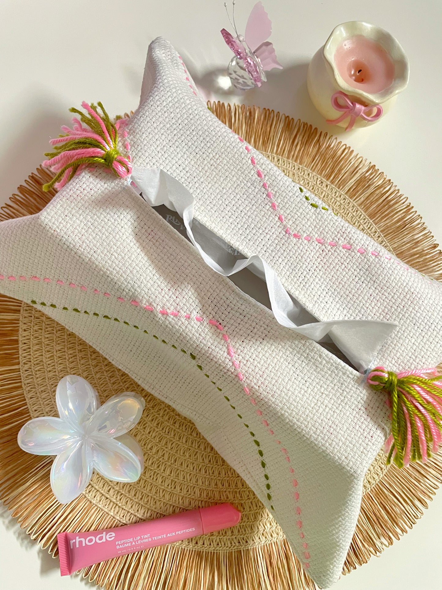 Off-white Tissue Box Cover with Green & Pink Embroidery
