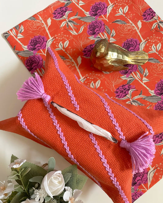 Orange Tissue Box Cover with Purple Embroidery