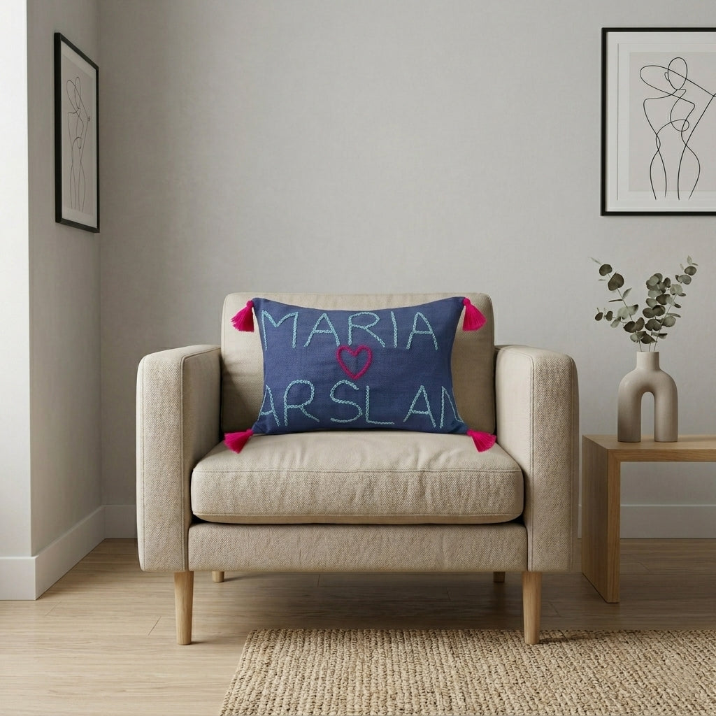 Personalized Two-Name Embroidered Cushion (Dark Blue)