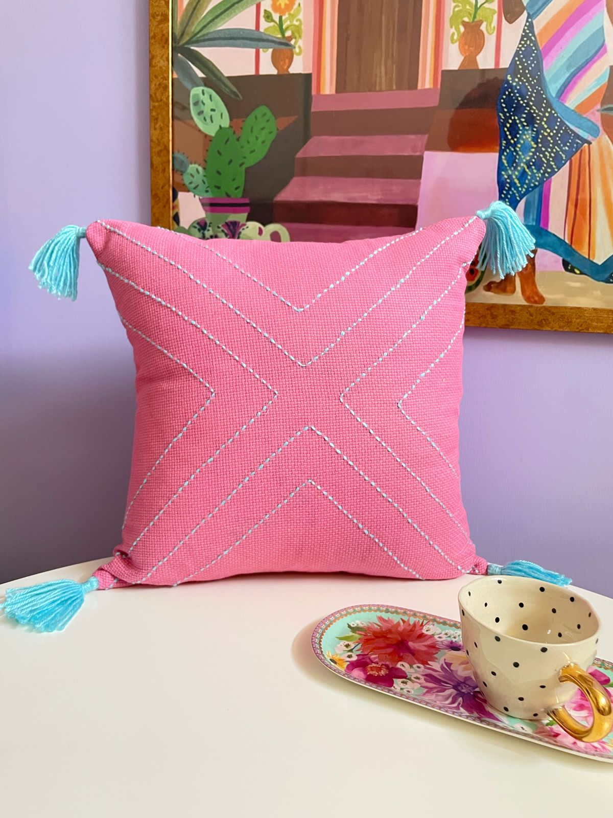 Pink Cushion with Blue Embroidery