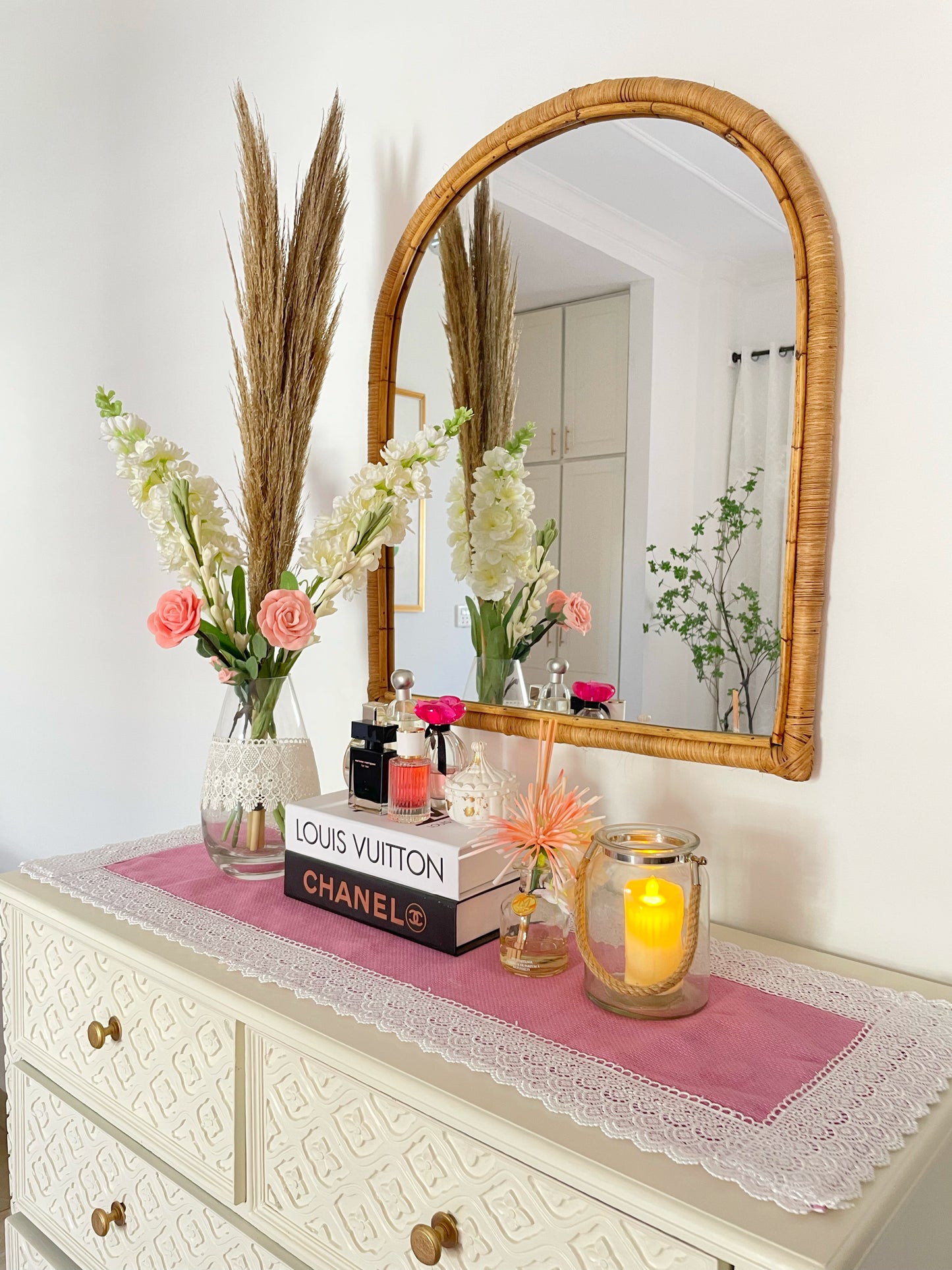 Pink Table Runner with Crochet Lace