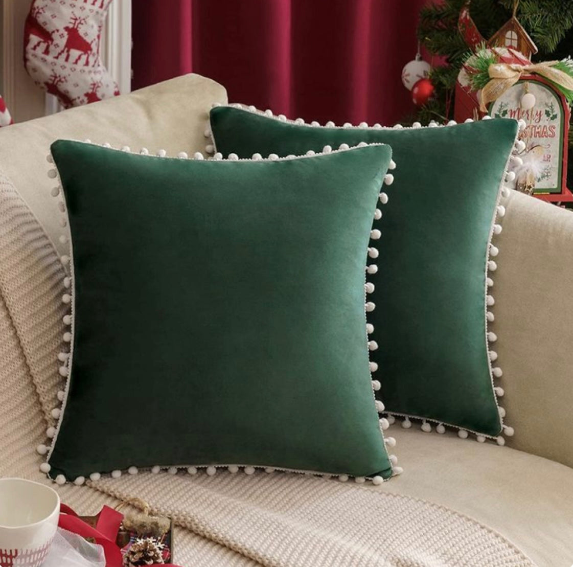 Plain Dark Green Cushion with Off-White Pom Pom Lace