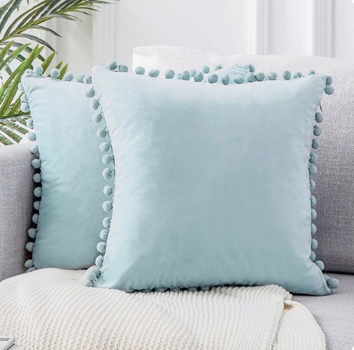 Plain Light Blue Cushion with Light Blue Pom Pom Lace