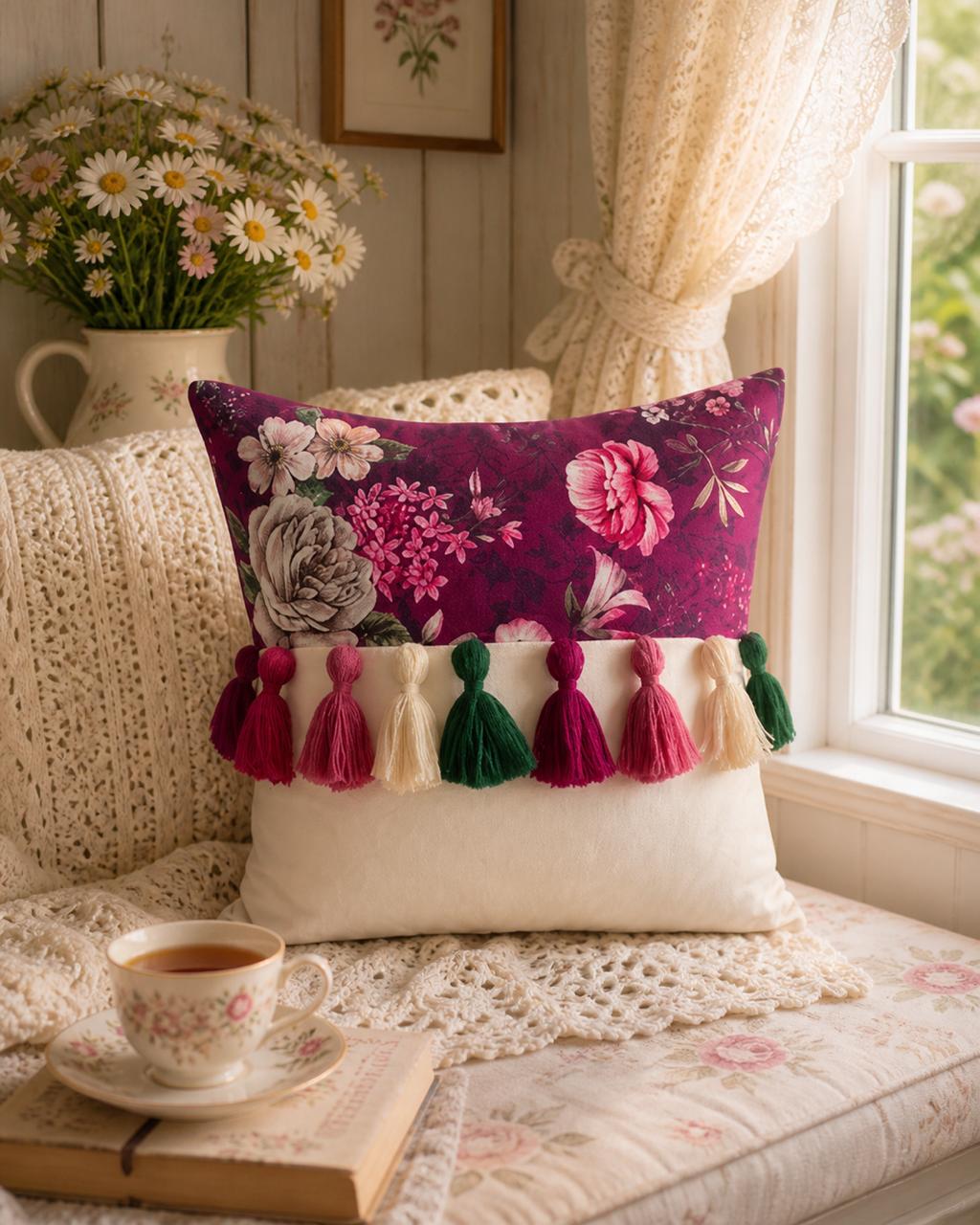 Printed-Plain Cushion with Tassels (Cranberry)