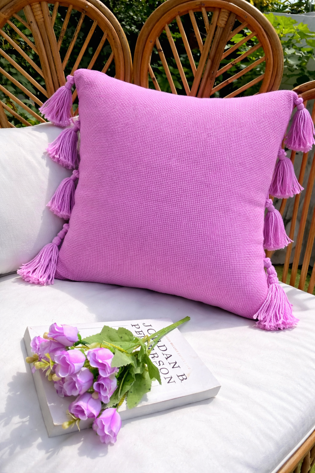Plain Purple Textured Cushion with Purple Tassels