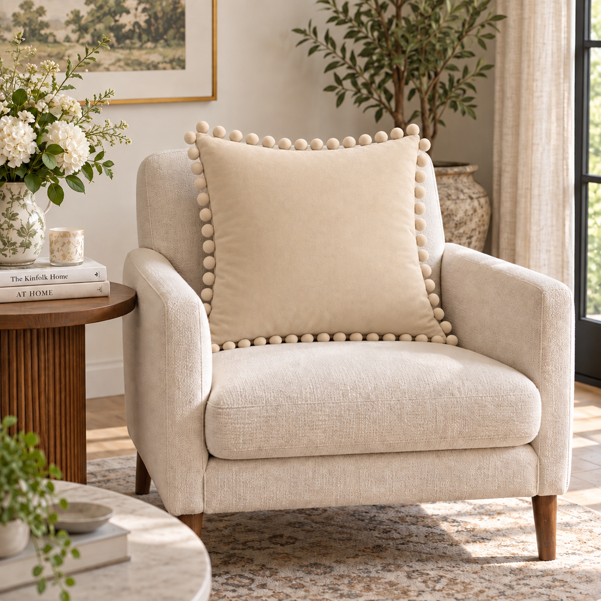Plain Beige Velvet Cushion with Beige Pom Pom Lace