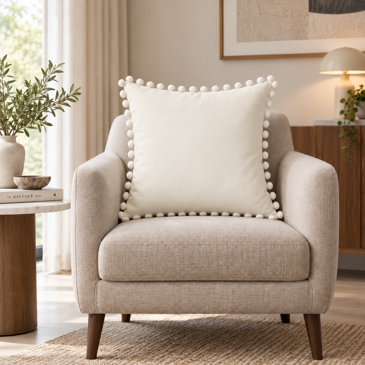 Plain White Velvet Cushion with White Pom Pom Lace