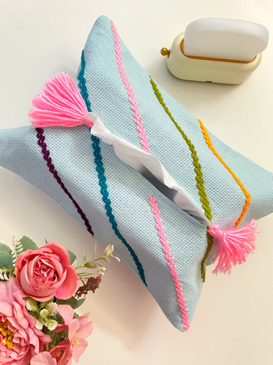 Powder Blue Embroidered Tissue Box Cover