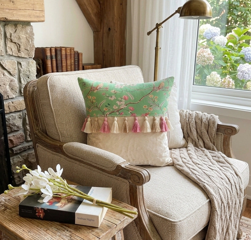 Printed-Plain Cushion with Tassels (Sage)