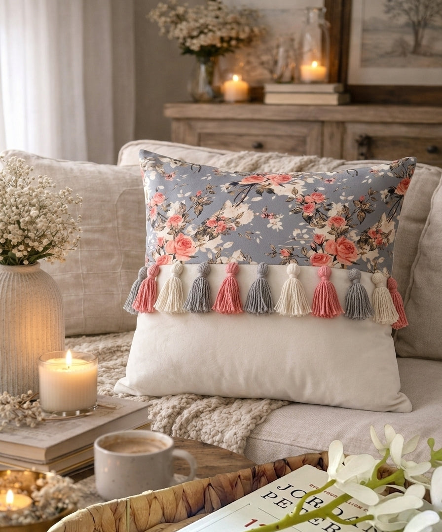 Printed-Plain Cushion with Tassels (Ashes)
