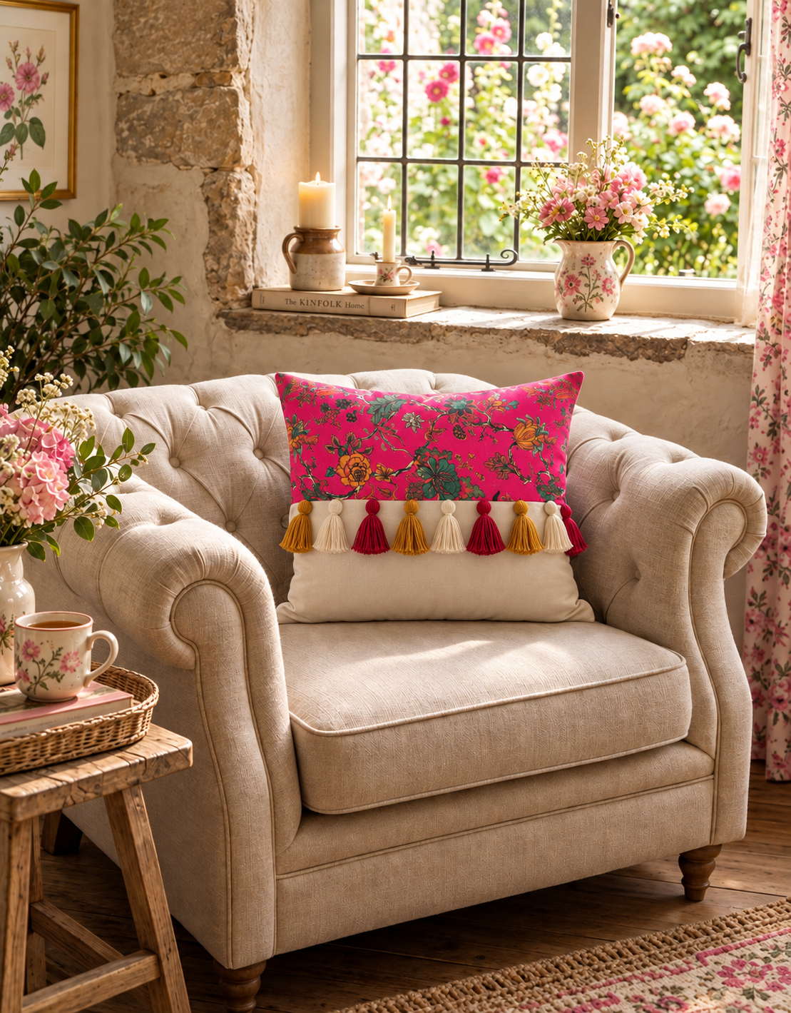 Printed-Plain Cushion with Tassels (Spring Love)
