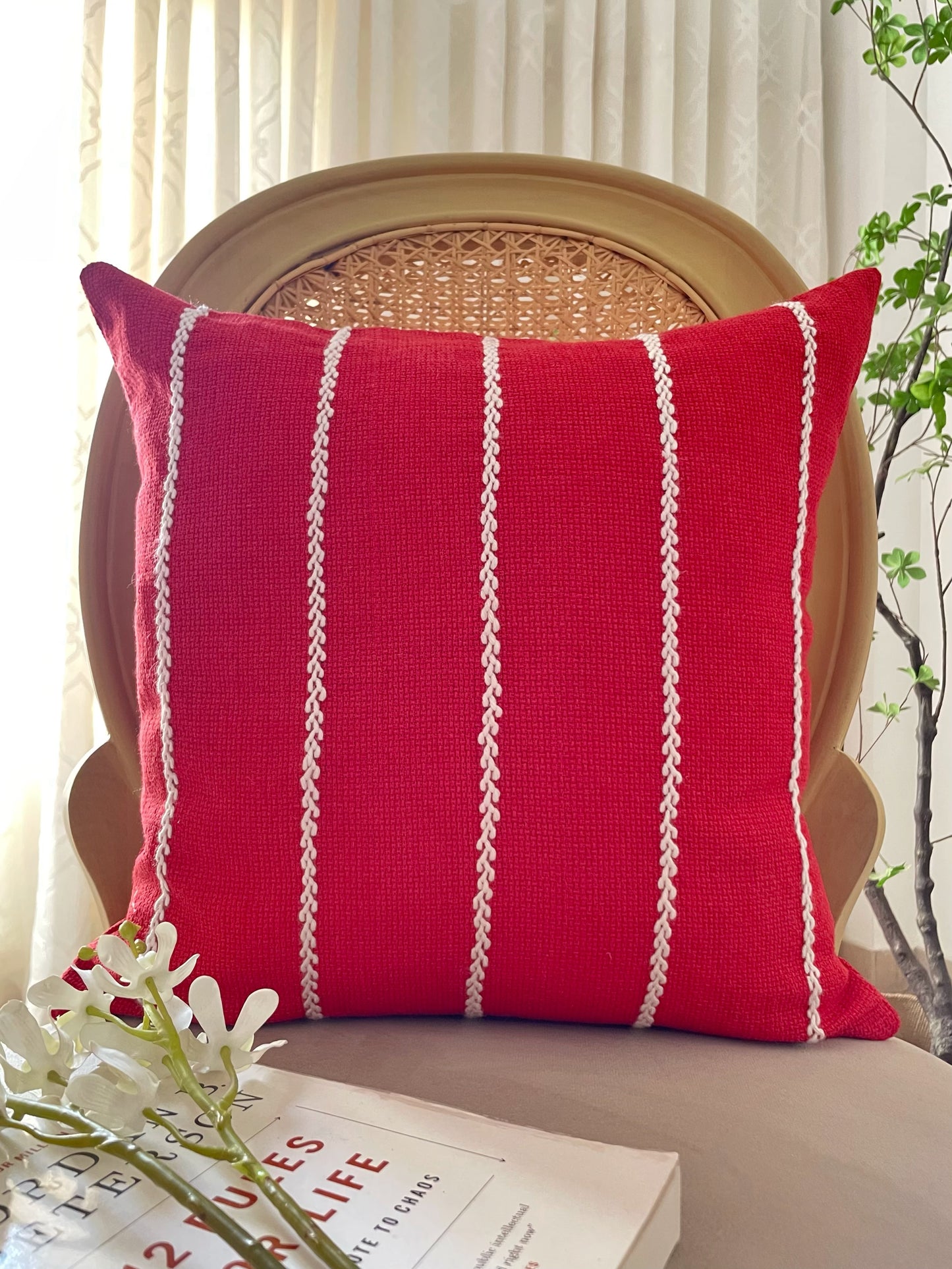Red Cushion with White Embroidered Stripes