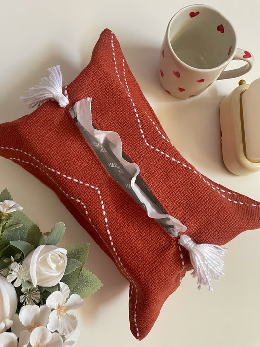 Rust Tissue Box Cover with Off-white Embroidery