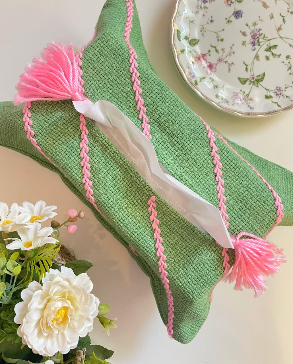 Sage Green Embroidered Tissue Box Cover