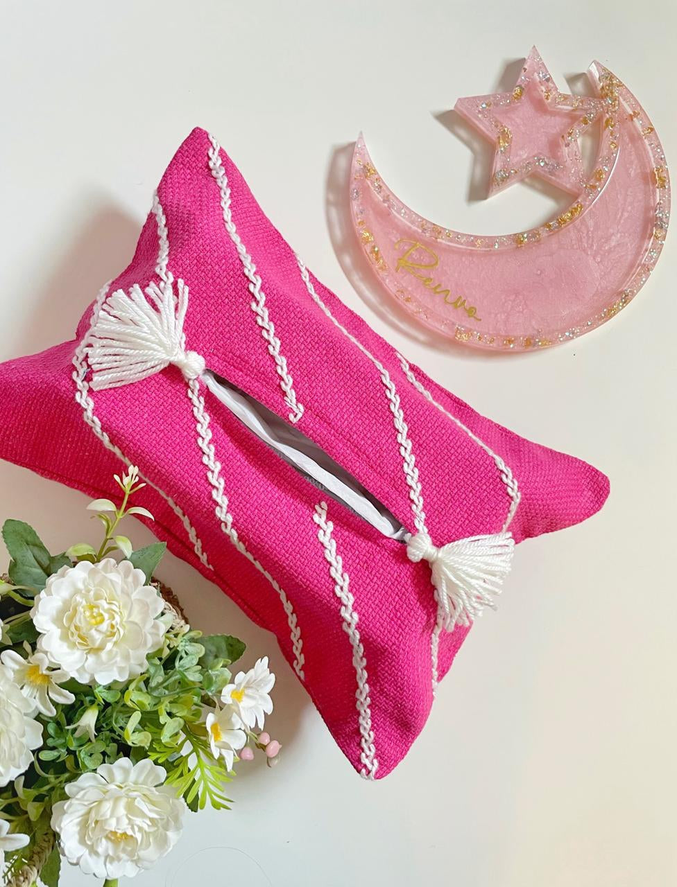 Shocking Pink Embroidered Tissue Box Cover