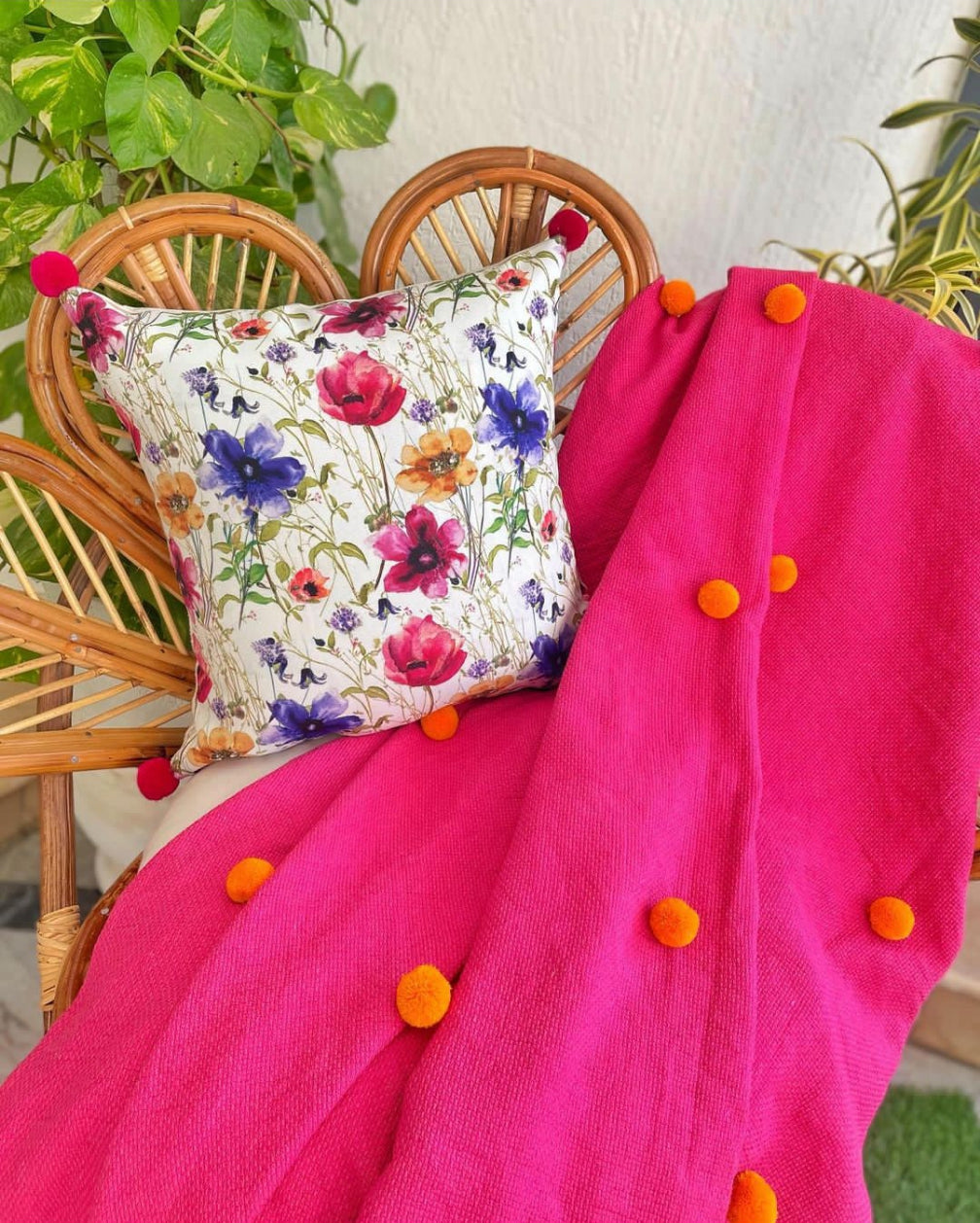 Shocking Pink Throw Blanket with Mustard Pom Poms