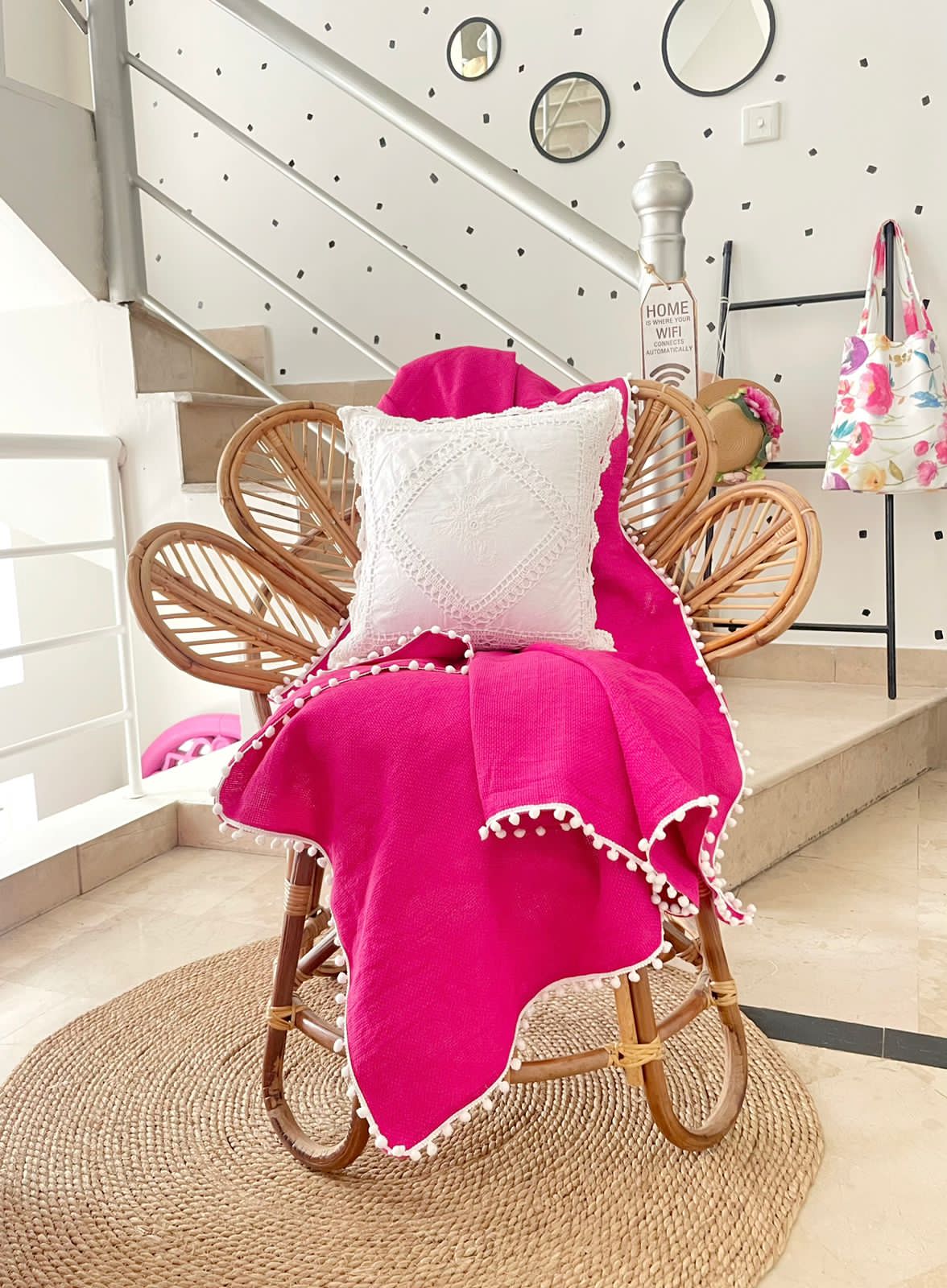 Shocking Pink Throw Blanket with Pom Pom Lace