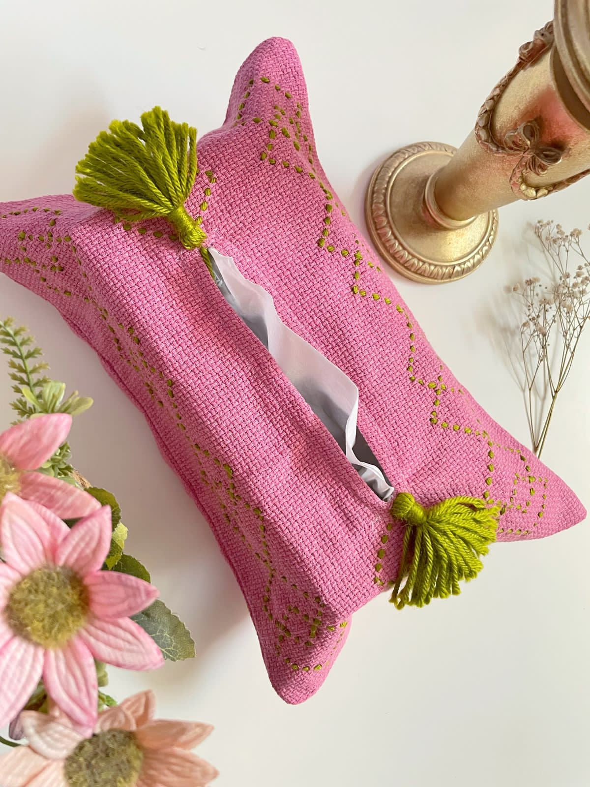 Tea Pink Embroidered Tissue Box Cover