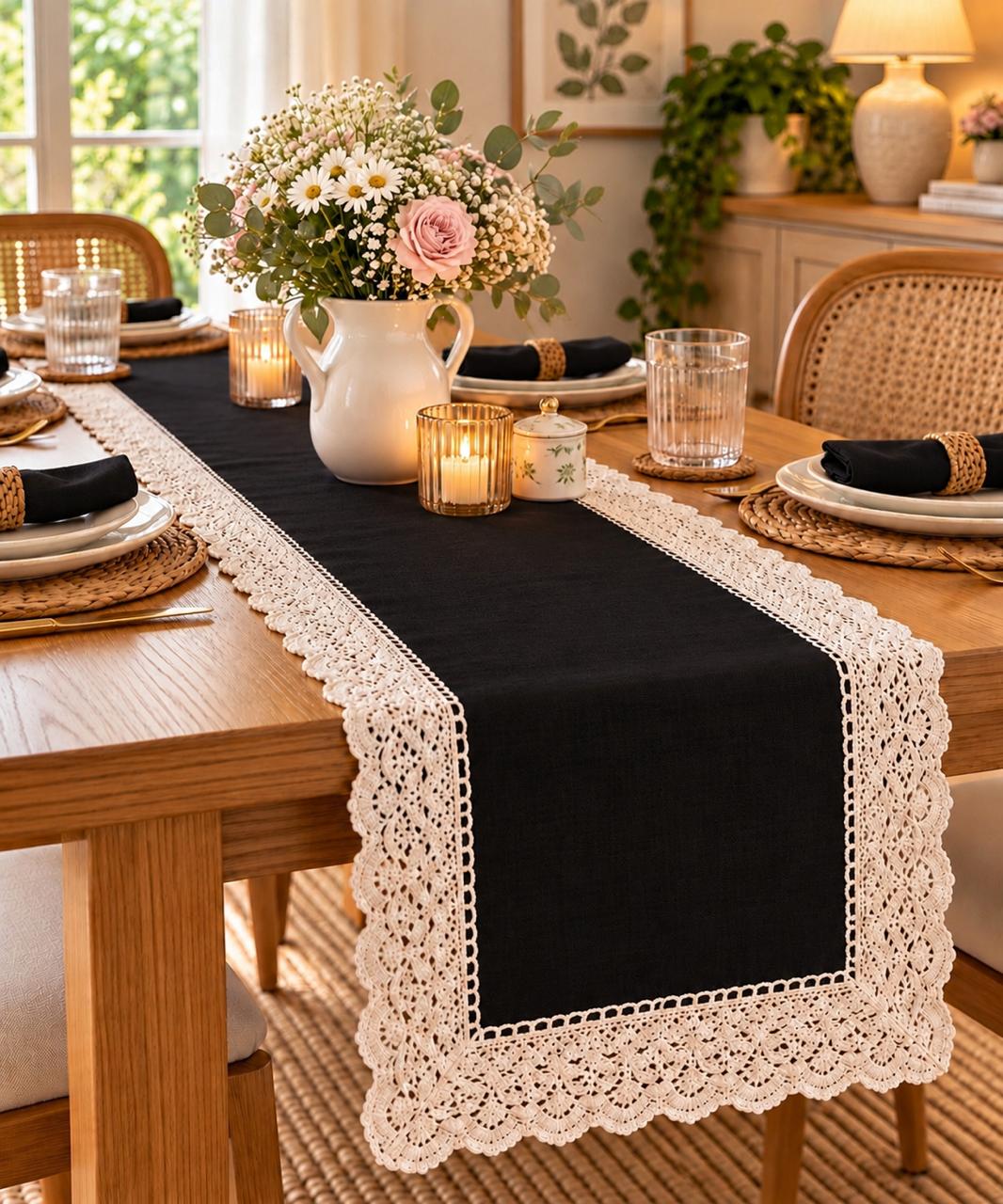 Textured Table Runner (Black with Crochet Lace)