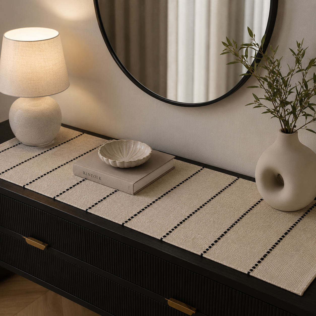 Textured Table Runner (Off-white with Black Embroidery)