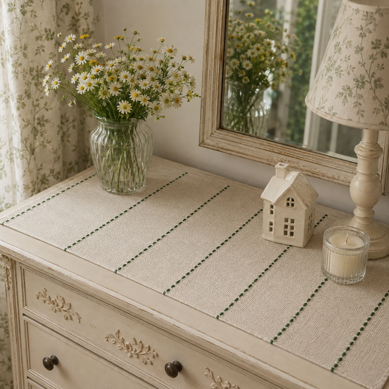 Textured Table Runner (Off-white with Dark Green Embroidery)