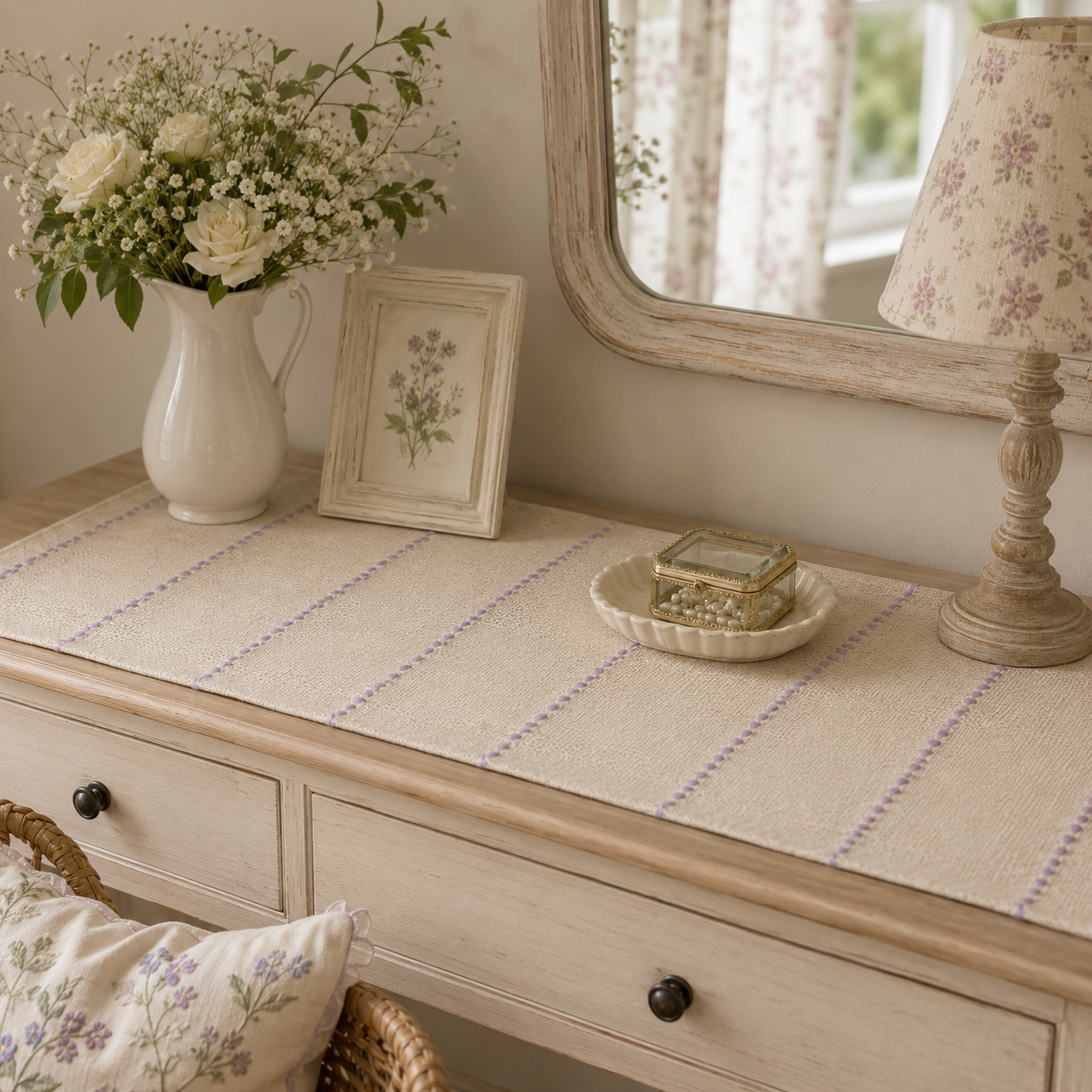 Textured Table Runner (Off-white with Light Purple Embroidery)