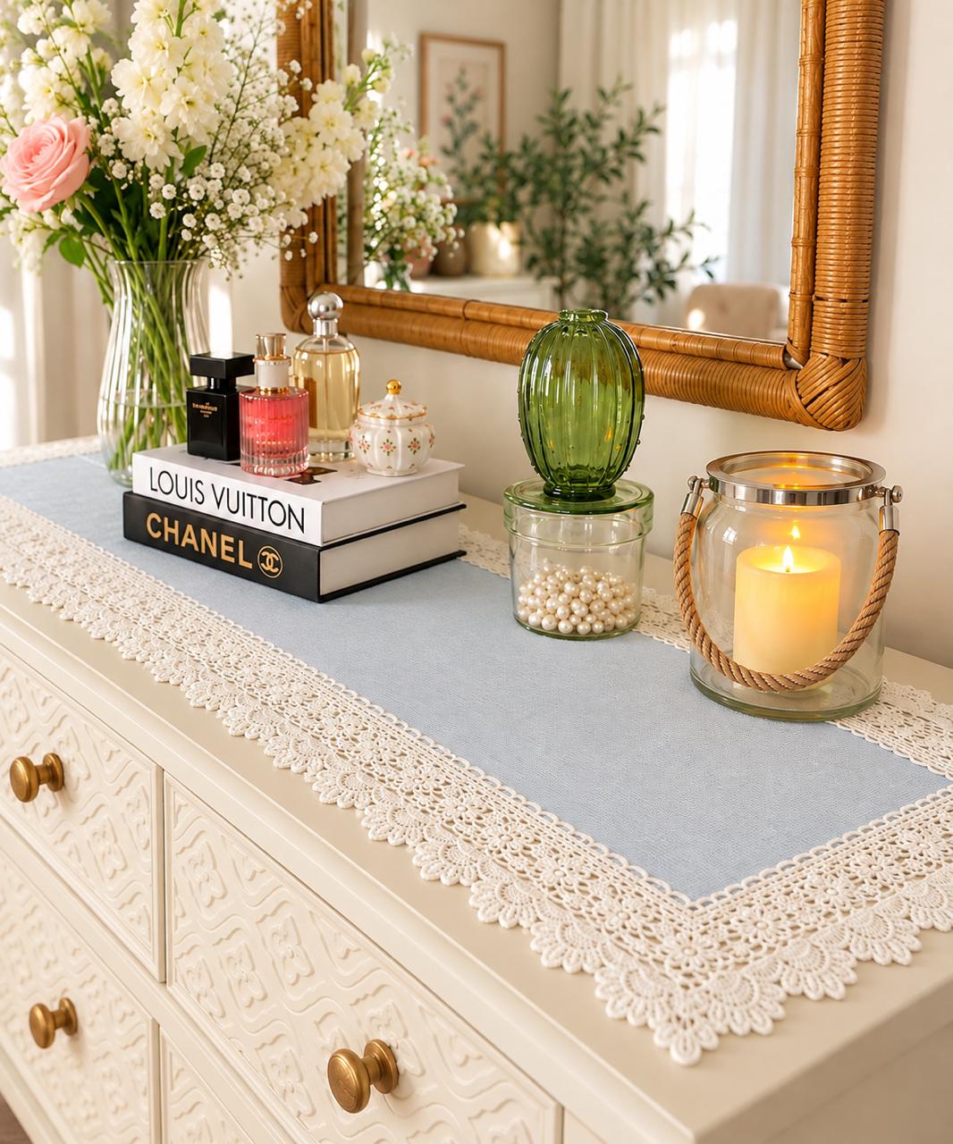Textured Table Runner (Powder Blue with Crochet Lace)