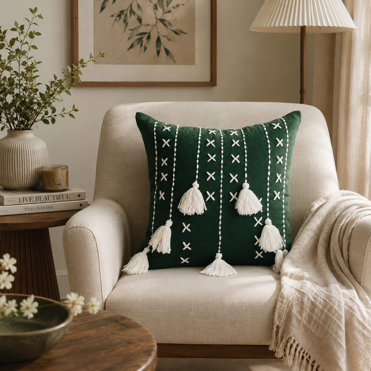 Threadfall Cushion (Dark Green with White Embroidery)