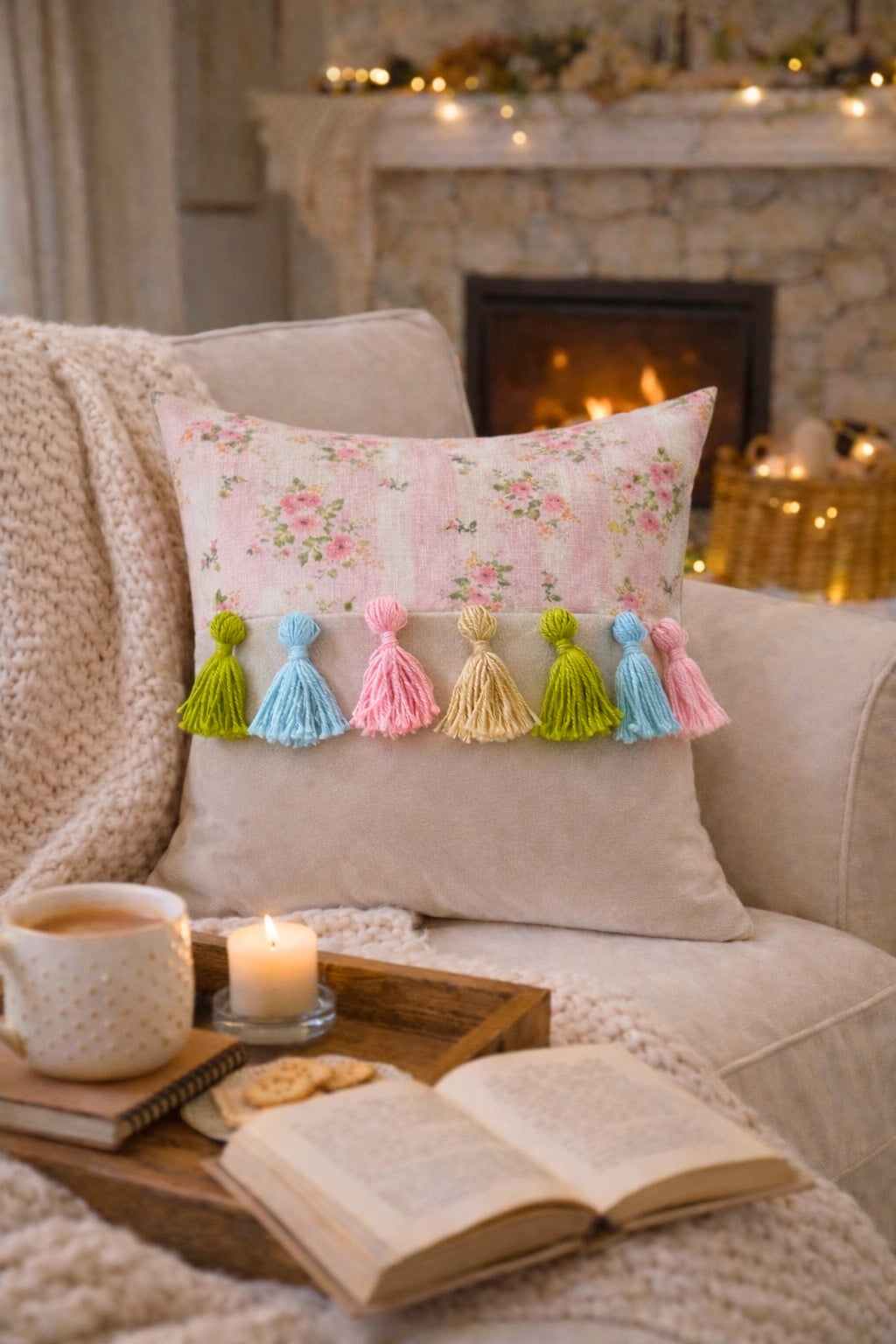 Printed-Plain Cushion with Tassels (Vintage Rose)