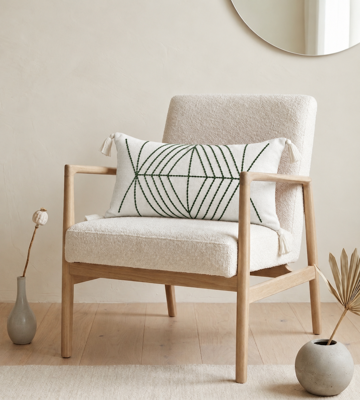 Web Cushion (White with Dark Green Embroidery)