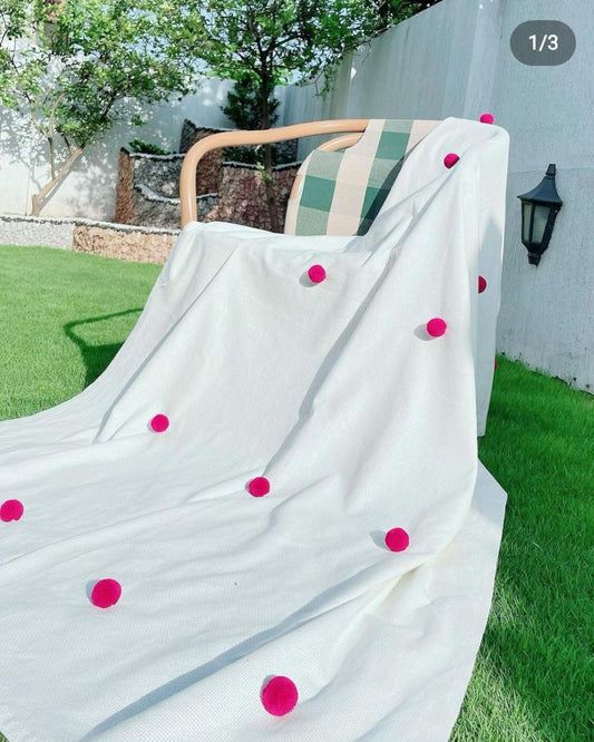 White Throw Blanket with Pink Pom Poms