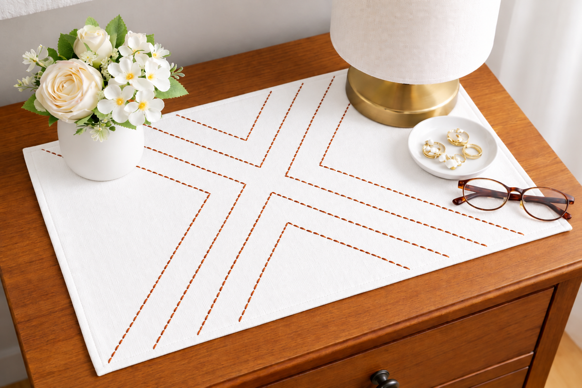 Embroidered Table Mat (White with Rust Cross)