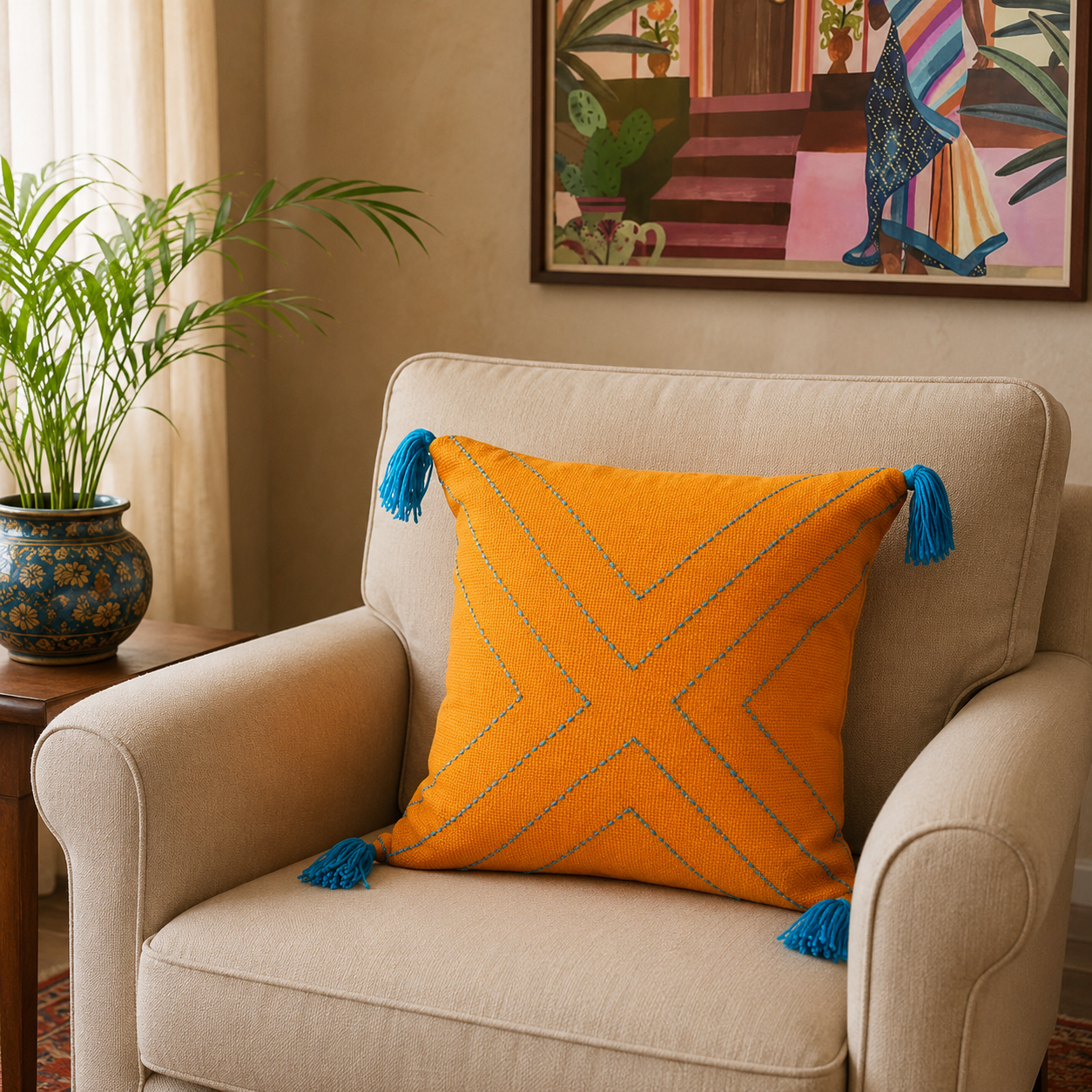 X Cushion (Mustard with Blue Embroidery)
