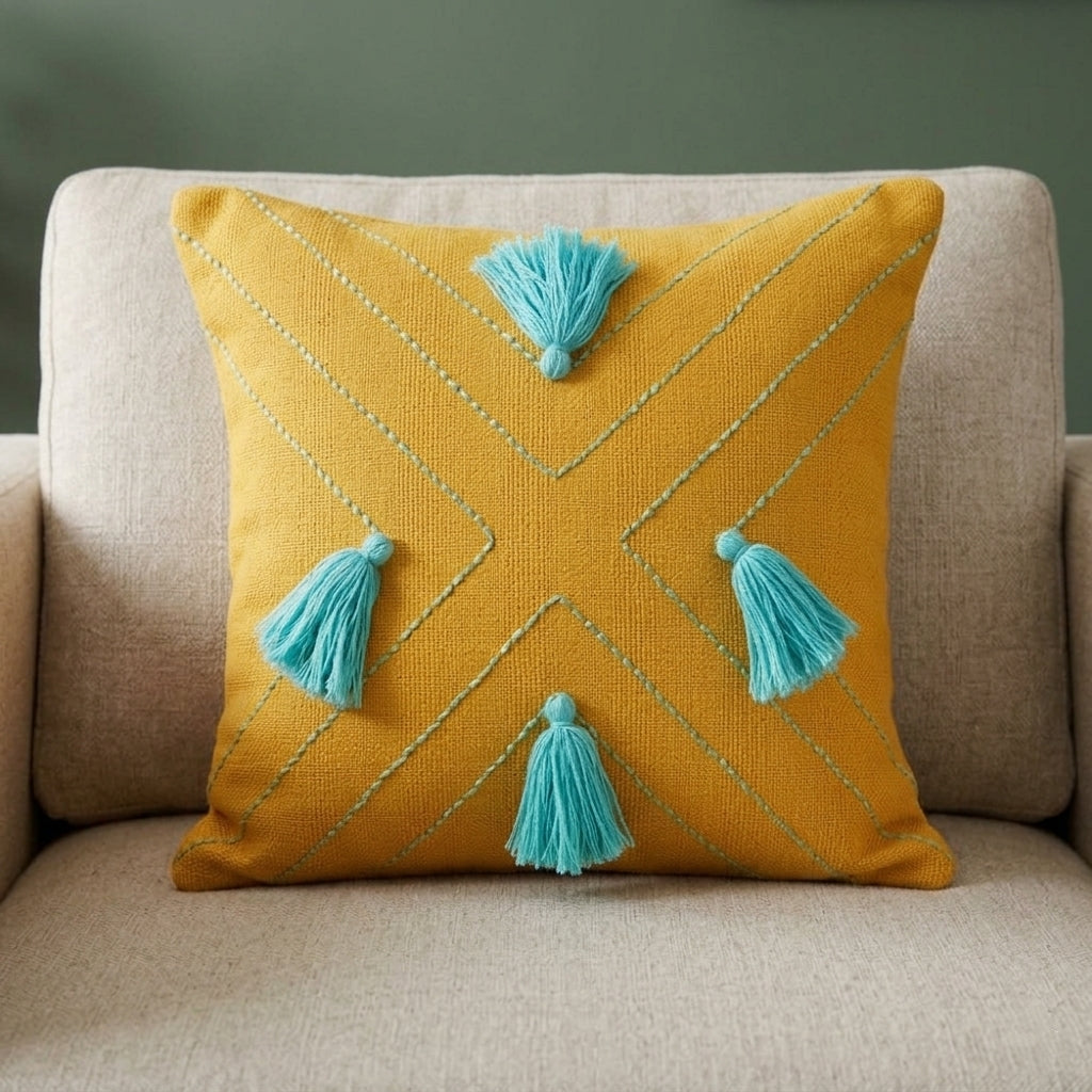 X Cushion (Mustard with Light Blue Embroidery)