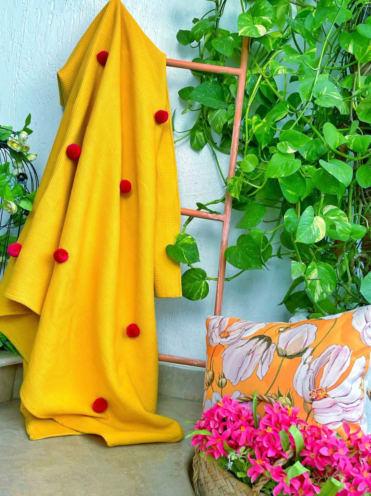 Yellow Throw Blanket with Pom Poms