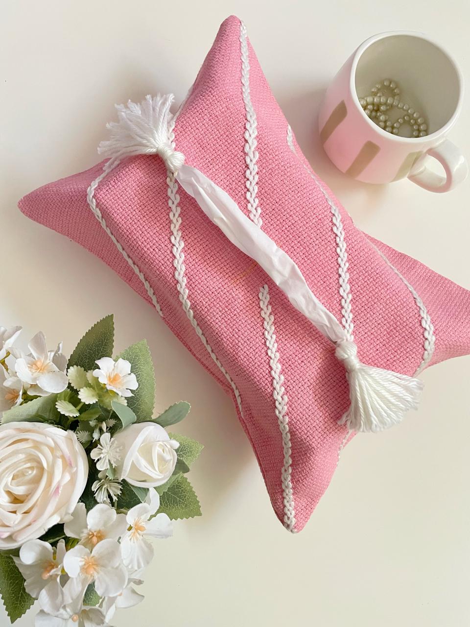 Light Pink Tissue Box Cover with White Embroidery