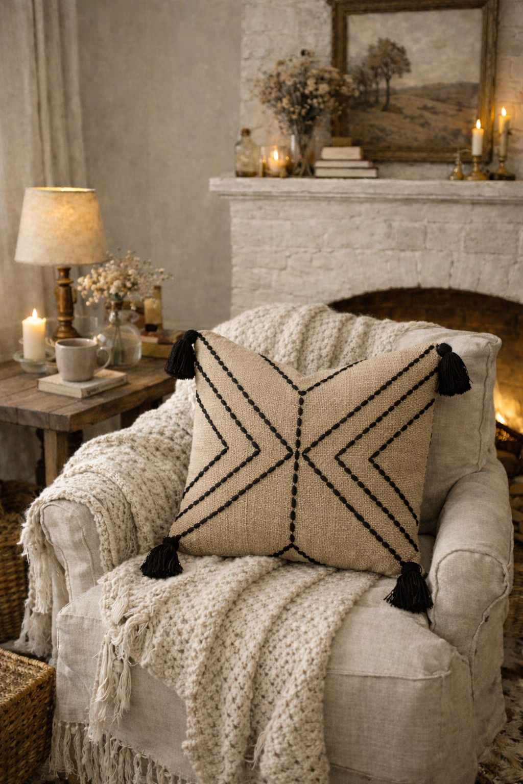 Arrowline Cushion (Beige with Black Embroidery