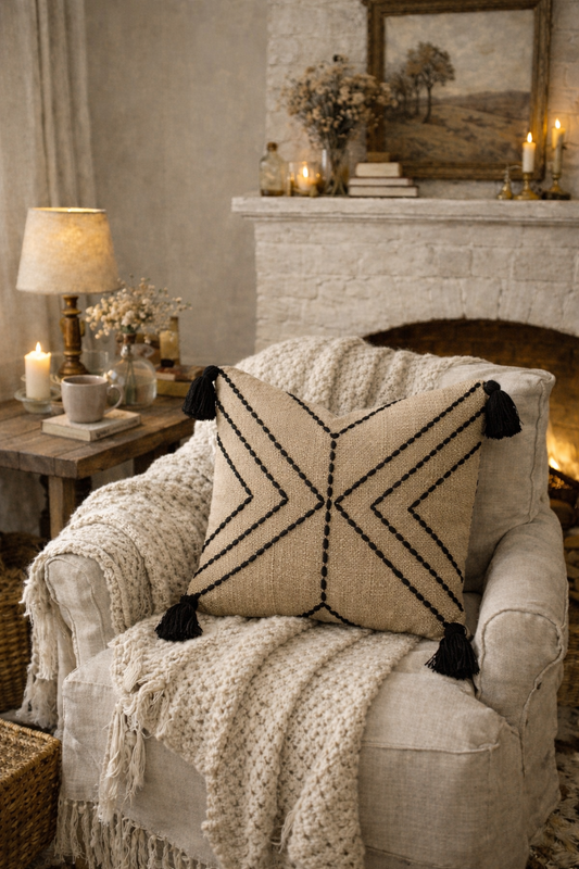 Arrowline Cushion (Beige with Black Embroidery