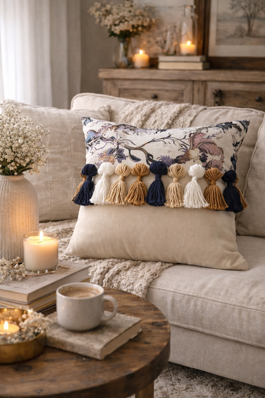 Printed-Plain Cushion with Tassels (Oatmeal)