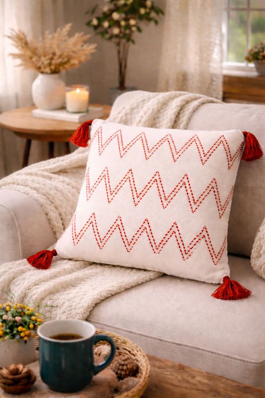 Zig Zag Cushion (Off-white with Red Embroidery)