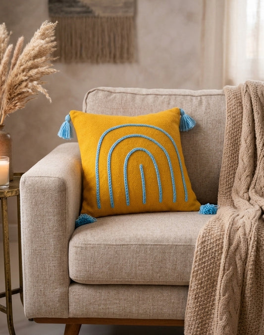 Arch Cushion (Mustard with Blue Embroidery)