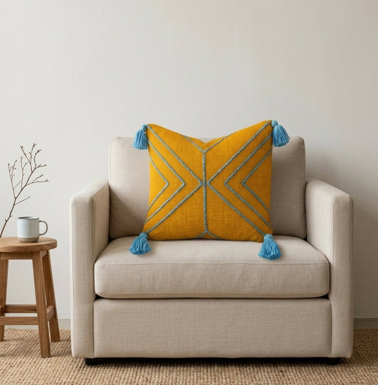 Arrowline Cushion (Mustard with Blue Embroidery (Copy)