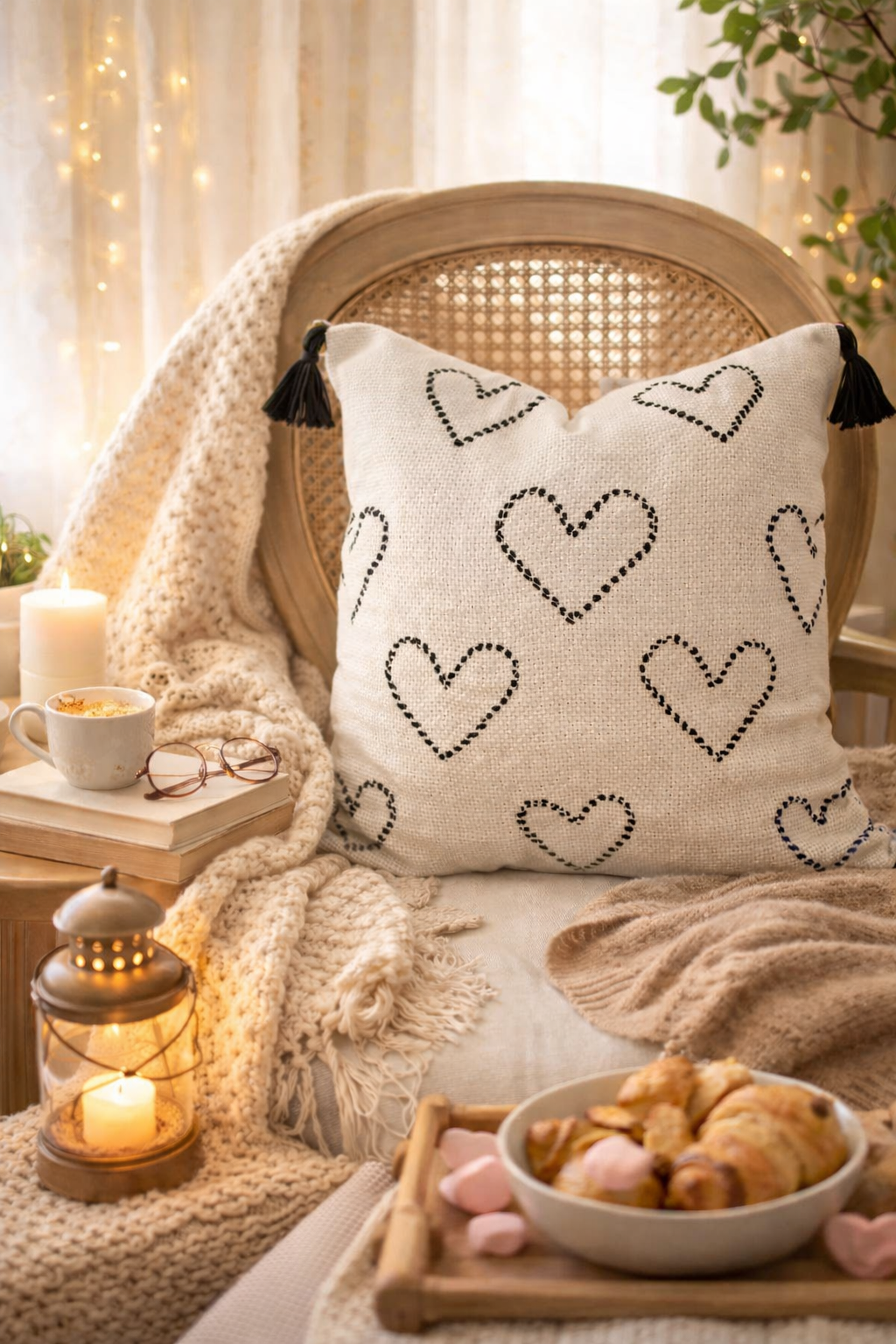 Hearts Cushion (Off-white with Black Embroidery)