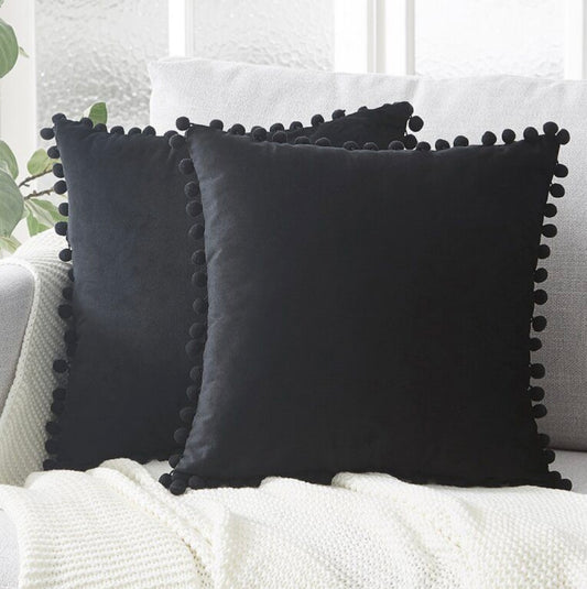 Plain Black Cushion with Black Pom Pom Lace