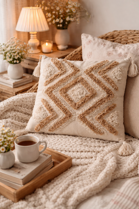 Boho Tufted Cushion (Beige)