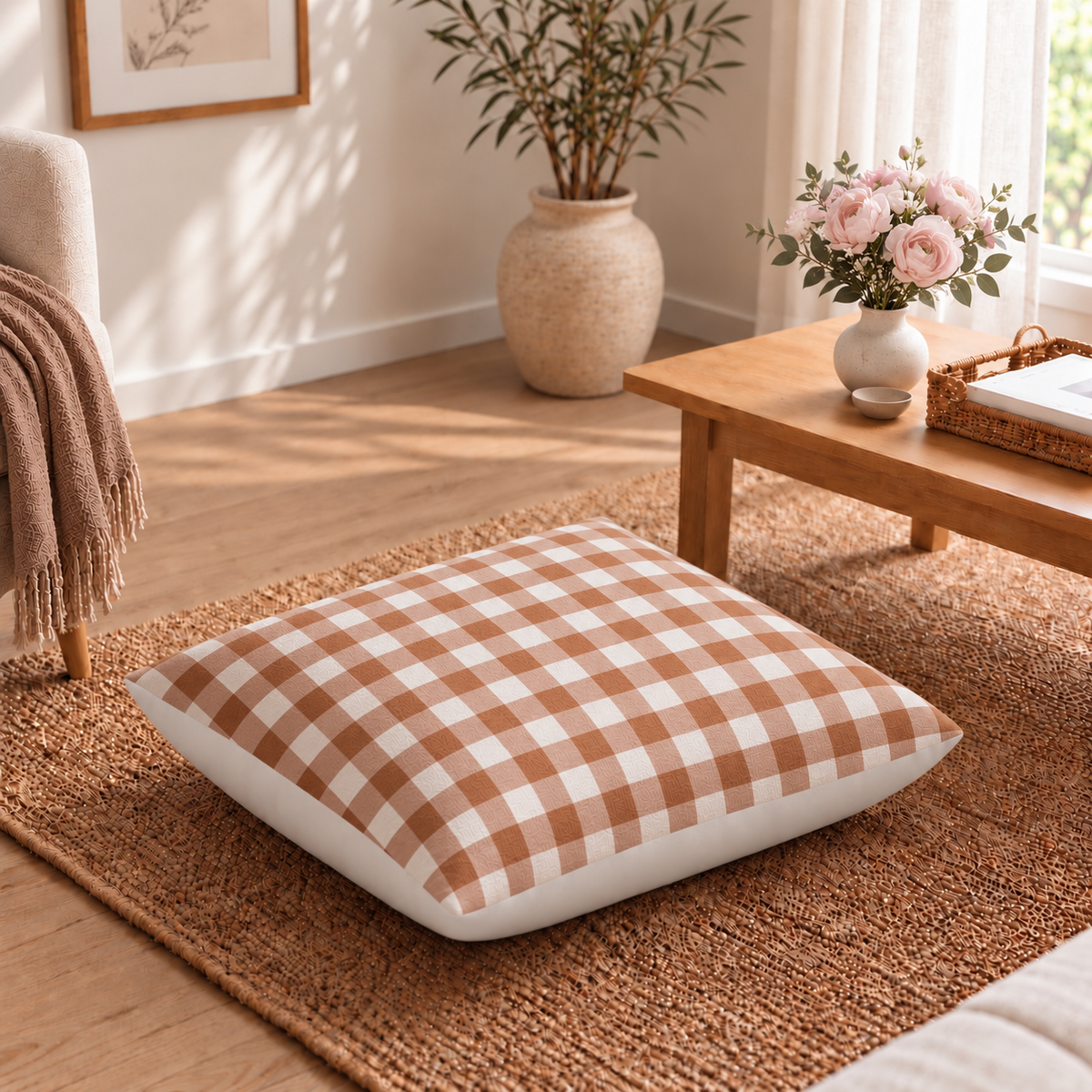 Floor Cushion Cover - Brown Gingham